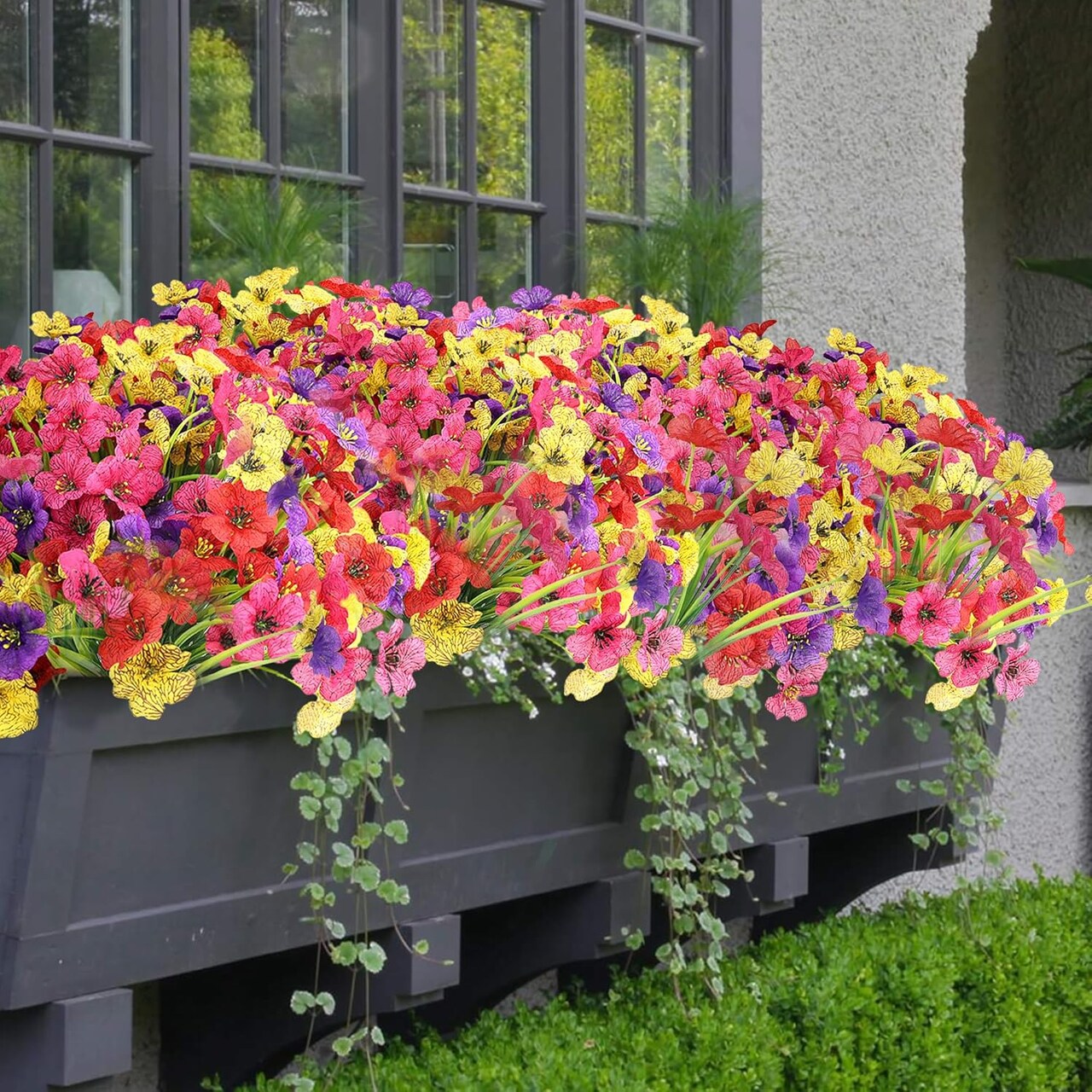 16 Bundles Colorful UV-Resistant Artificial Spring Flowers – Outdoor Faux Plants for Porch, Garden, and Window Boxes